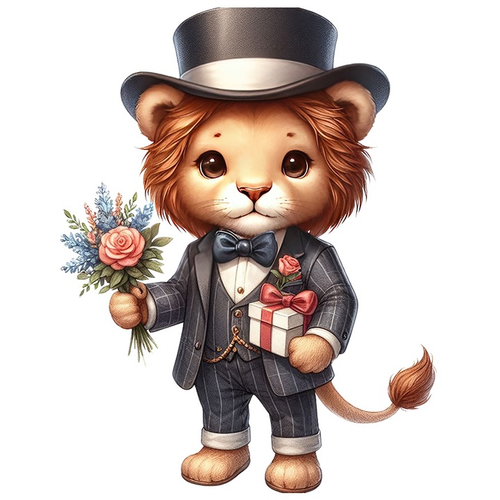 Sticker cu un leu la costum, ilustratie, buchet cu flori, palarie, dar pentru iubita, cu Margini Albe, PVC Vinyl 40 cm