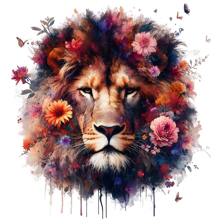 Sticker cu un leu serios, ilustratie, regele junglei, animal salbatic, flori, abstract, cu Margini Albe, PVC Vinyl 40 cm