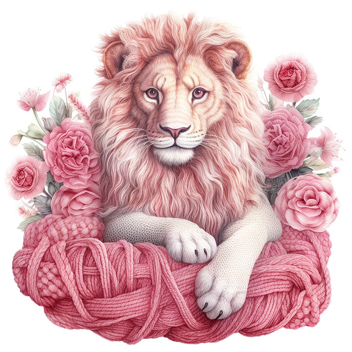 Sticker cu un leu, ilustratie, floricele, roz, lana, serios, animal salbatic, regele junglei, plante, cu Margini Albe, PVC Vinyl 40 cm