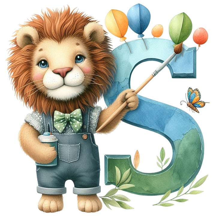 Sticker cu un leu vesel, ilustratie, a pictat litera "S", ilustratie, pensula, scoala, elevi, abecedar, alfabet, cu Margini Albe, PVC Vinyl 40 cm