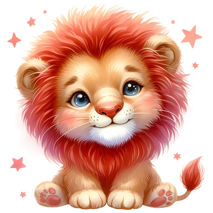 Sticker cu un leu micut, ilustratie, sta cuminte, stelute, ochi albastri, se uita curios, regele junglei, cu Margini Albe, PVC Vinyl 40 cm