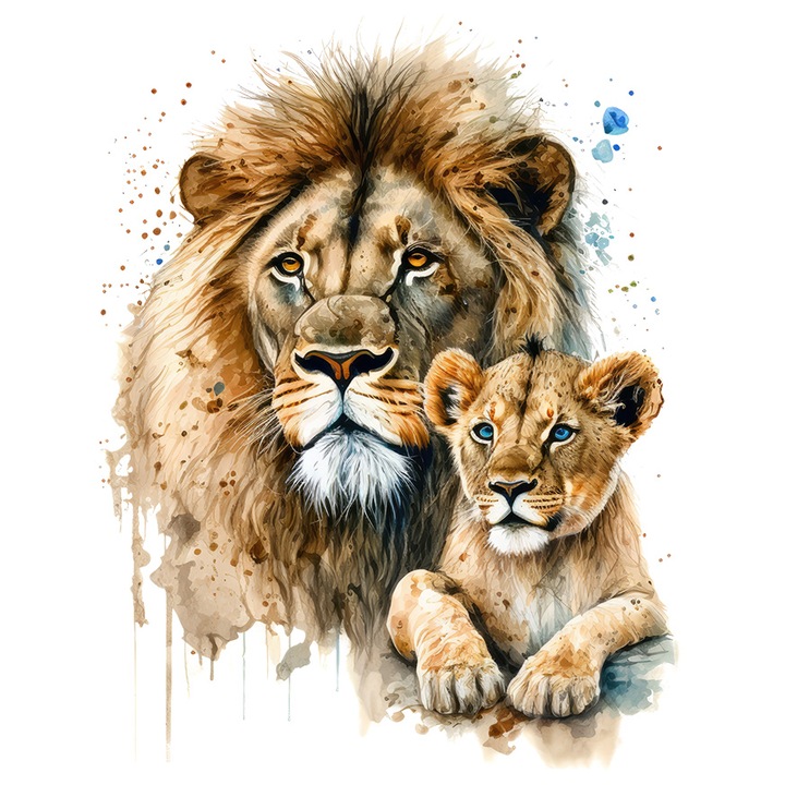 Sticker cu un leu, langa puiul sau, ilustratie, afectiune, parinte, tata, copi, grija, protectie, animale salbatice, cu Margini Albe, PVC Vinyl 40 cm