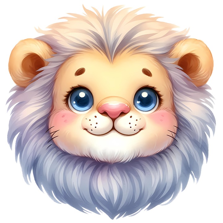 Sticker cu un leu vesel, micut, coama alba, regele animalelor, jungla, animal salbatic, cu Margini Albe, PVC Vinyl 40 cm