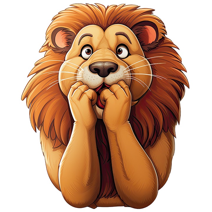 Sticker cu un leu speriat, ilustratie, fricos, tremura de frica, uimit, socat, cu Margini Albe, PVC Vinyl 40 cm