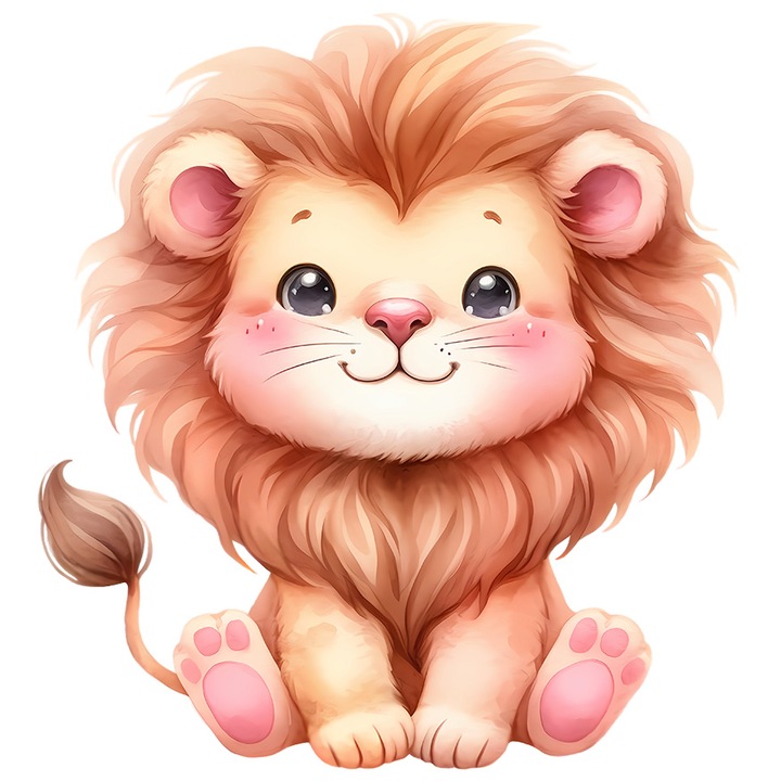 Sticker cu un leu vesel, ilustratie, fericire, timid, sta cuminte, regele animalelor, jungla, cu Margini Albe, PVC Vinyl 40 cm