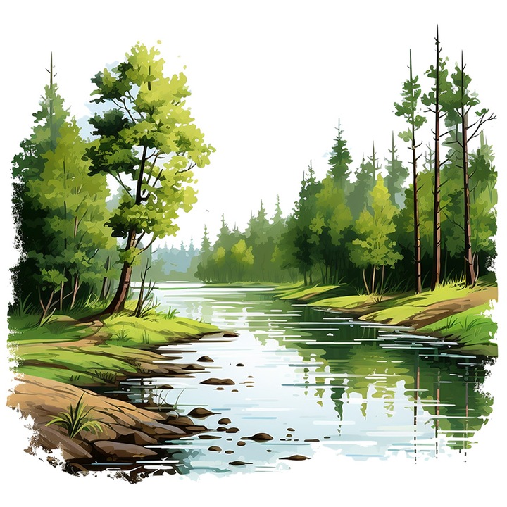 Sticker cu un peisaj din natura, ilustratie, padure, forestier, rau, apa, relaxare, aer curat, la picnic, camping, cu Margini Albe, PVC Vinyl 70 cm