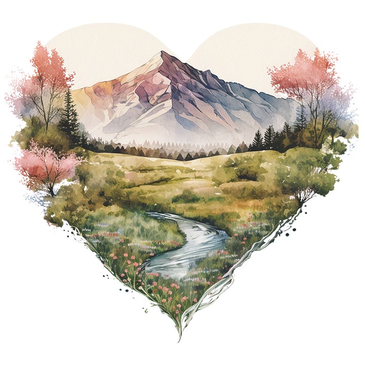 Sticker cu un peisaj in forma de inima, munti, rau, vegetatie, copaci, verdeata, plante, floricele, natura, aer curat, cu Margini Albe, PVC Vinyl 90 cm
