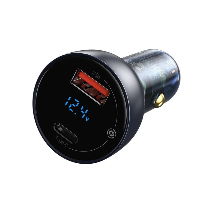 Autós töltő, Baseus, Alumínium / ABS, USB / USB-C, 65 W, Gyorstöltés, LCD képernyő, 34 x 68 mm, Szürke