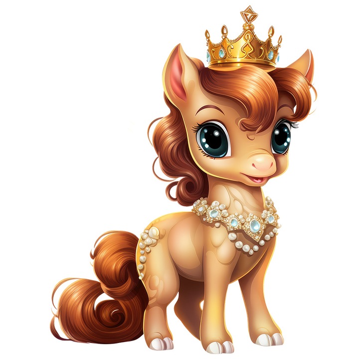 Sticker cu un ponei care poarta o coroana regala, ilustratie, nobilime, importanta, pietre pretioase, fericire, cu Margini Albe, PVC Vinyl 10 cm