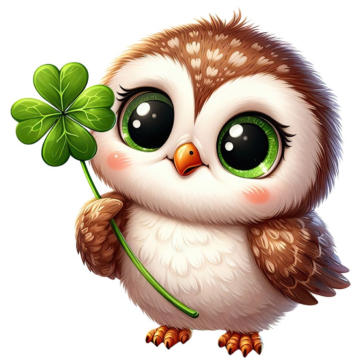 Sticker cu un pui de bufnita, ilustratie, vesela, imbujorata, trifoi cu patru foi, noroc, Irlanda, ochi verzi, cu Margini Albe, PVC Vinyl 10 cm
