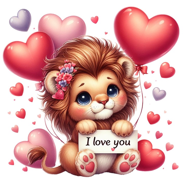 Sticker cu un pui de leu cu mesajul "I love you", baloane in forma de inima, emotii, sentimente, iubire, ilustratie cu Margini Albe, PVC Vinyl 40 cm