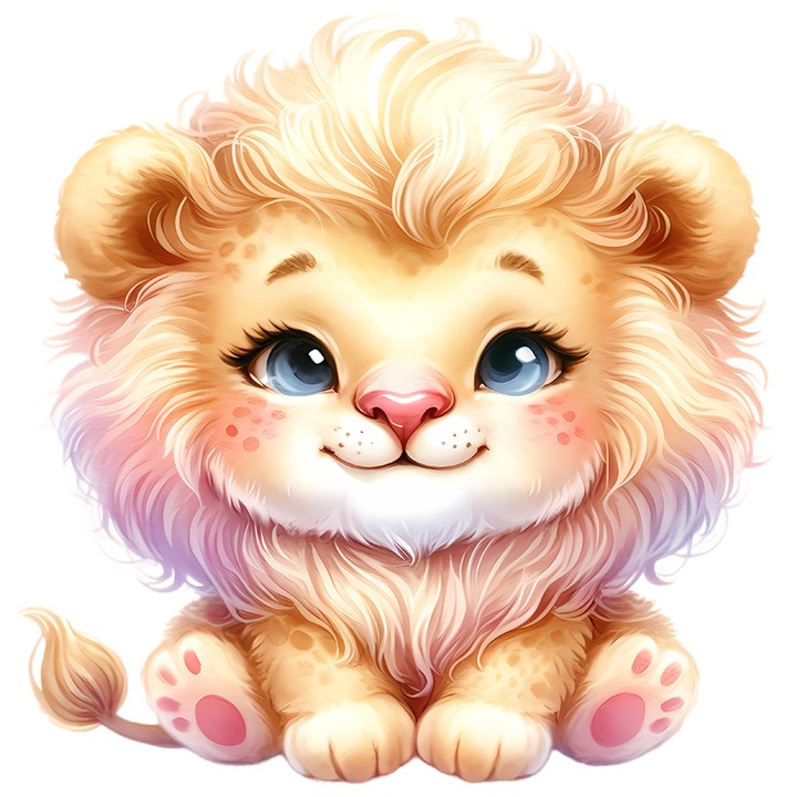 Sticker cu un pui de leu vesel, ilustratie, fericire, sta cuminte, isi asculta parintii, curiozitate, cu Margini Albe, PVC Vinyl 40 cm