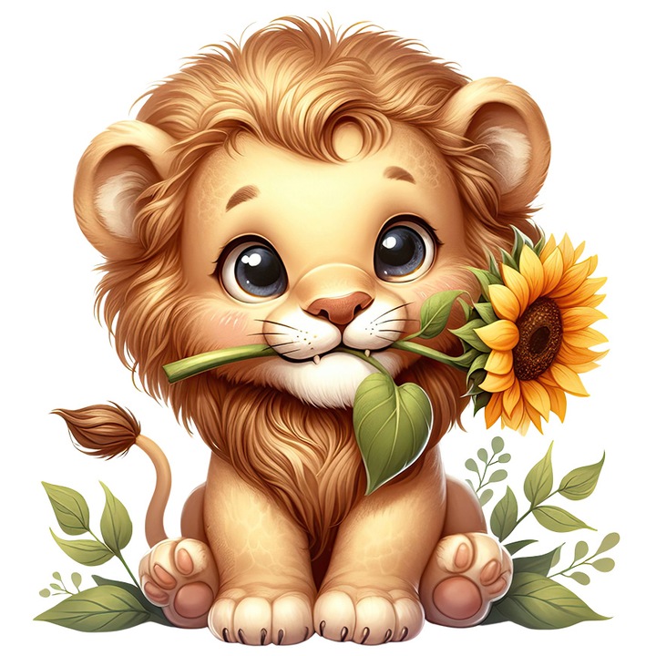 Sticker cu un pui de leu vesel care tine o floare, ilustratie, floarea-soarelui, plante, curios, animal salbatic, regele junglei, cu Margini Albe, PVC Vinyl 40 cm