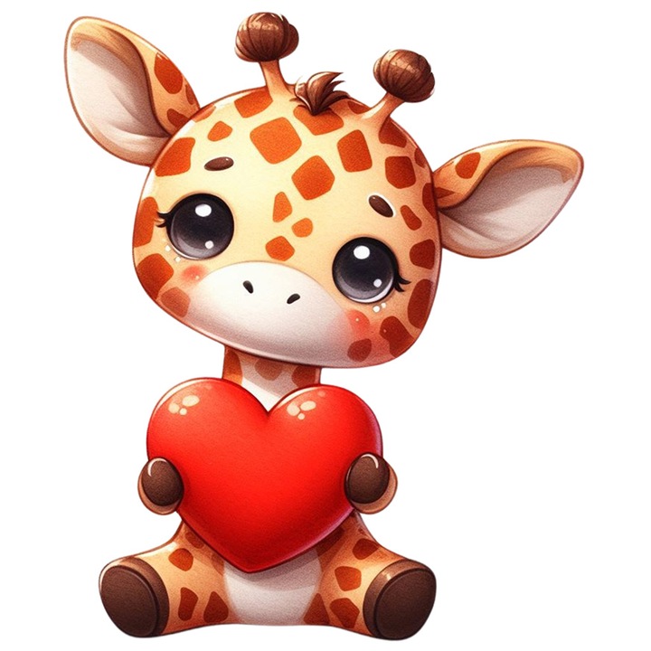 Sticker cu un pui de girafa, ilustratie, tine o inimioara in brate, apreciere, afectiune, respect, gest, animal salbatic, jungla, cu Margini Albe, PVC Vinyl 10 cm