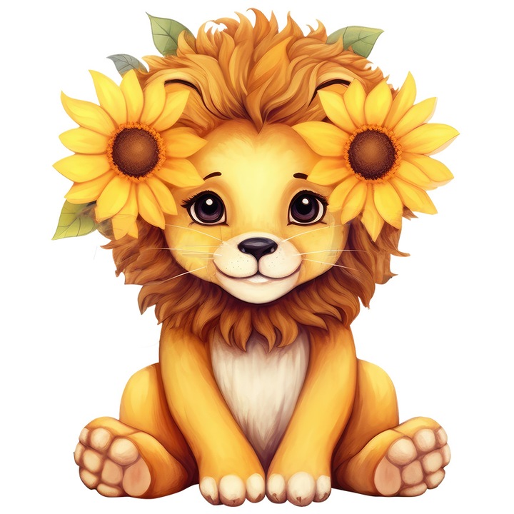 Sticker cu un pui de leu cu flori de floarea-soarelui in dreptul urechilor, ilustratie, timid, cuminte, pentru copii, cu Margini Albe, PVC Vinyl 40 cm