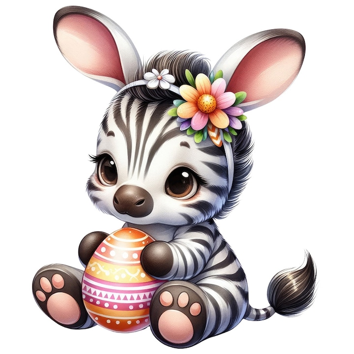 Matrica baba zebra festett tojással, illusztrációval, virágokkal, nyuszi fülekkel, kis állattal, kicsit félve, fehér szélekkel, PVC Vinyl 90 cm