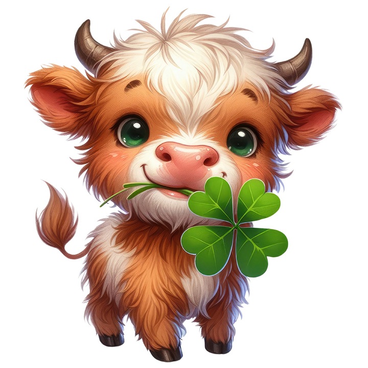 Sticker cu un pui de zimbru vesel, ilustratie, grija, trifoi cu patru foi, norocos, ochi verzi, Irlanda, cu Margini Albe, PVC Vinyl 90 cm