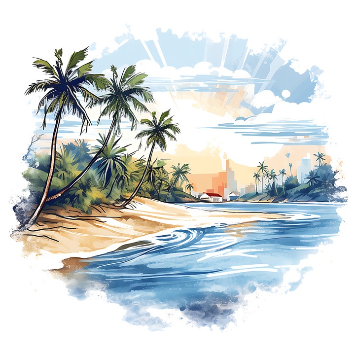 Sticker cu un rau, palmieri, ilustratie, peisaj, oras, case, apa cu Margini Albe, PVC Vinyl 90 cm