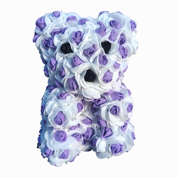 Ursulet din trandafiri de spuma, 25 cm, alb si mov, decorat manual