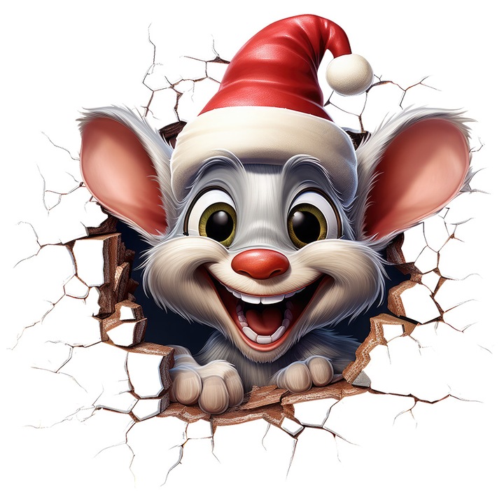 Egér matrica karácsonyi sapkával, illusztrációval, ünneplés szeretteivel, öröm, rágcsáló, fejét a falon lévő lyukon kidugva, fehér szélekkel, PVC vinil 28 cm