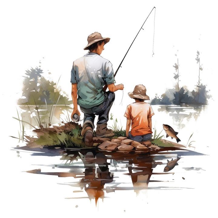 Sticker cu un tata la pescuit cu fiul sau, ilustratie, peste, undita, lac, padure, vegetatie, natura, sa il invete, impreuna, cu Margini Albe, PVC Vinyl 40 cm