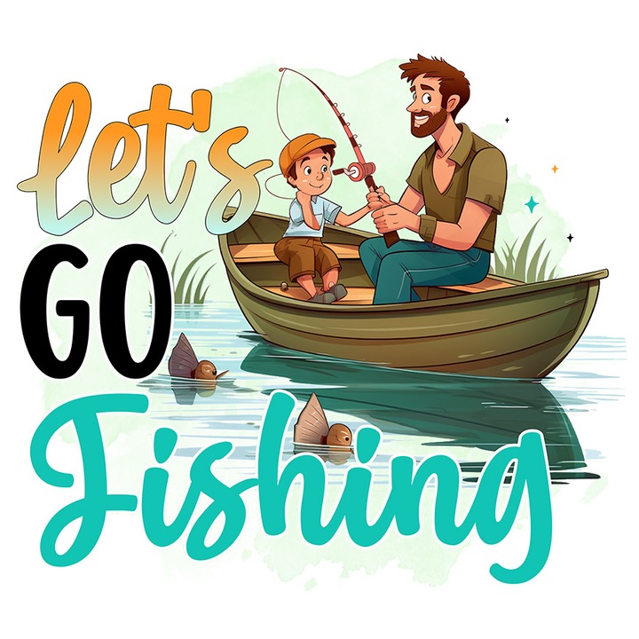 Sticker cu un tata cu fiul sau la pescuit cu mesajul "Let's go fishing", hai la pescuit, ilustratie, bucurie, pasiune, lectie, pesti, apa, barca cu Margini Albe, PVC Vinyl 50 cm