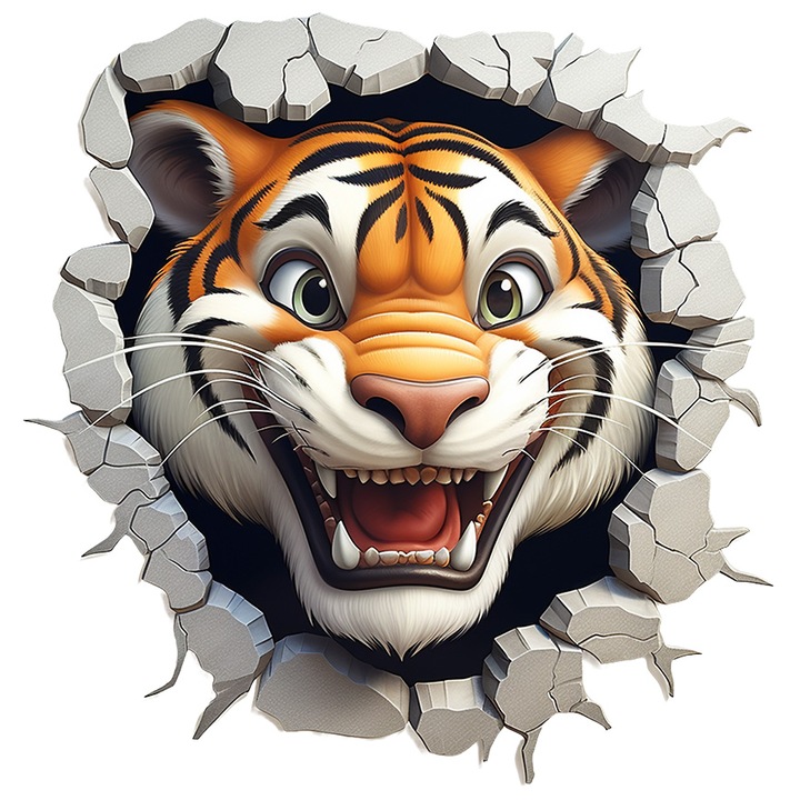 Sticker cu un tigru agresiv care scoate capul printr-un zid distrus, ilustratie, furios, isi arata coltii, animal salbatic, 3D, cu Margini Albe, PVC Vinyl 10 cm