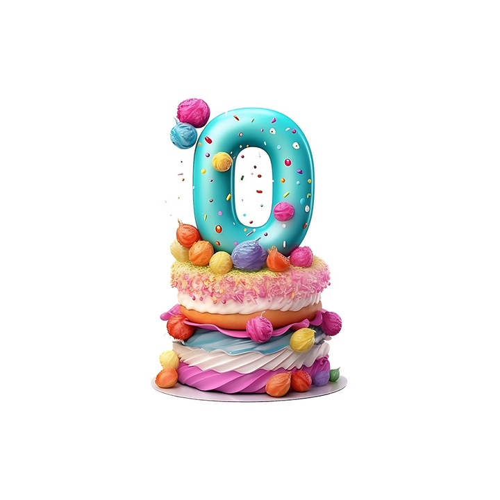 Стикер, Торта, Цифра 0, Бели граници, PVC винил, 90 см