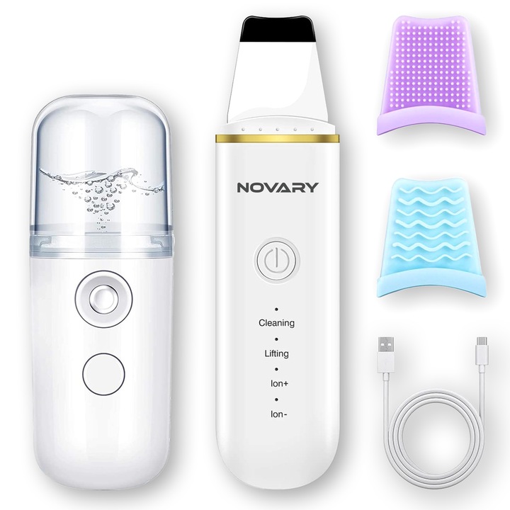 Aparat de Curatare Faciala cu Ultrasunete Novary®, Masaj, Peeling, Curatare Ten, Hidratare, Indepartare Puncte Negre, Efect de Lifting, Anti Riduri, Anti Imbatranire, Scrubber, 4 Functii, 2 Capete Silicon, Mini Umidifcator Facial si Cablu USB Incluse, Alb