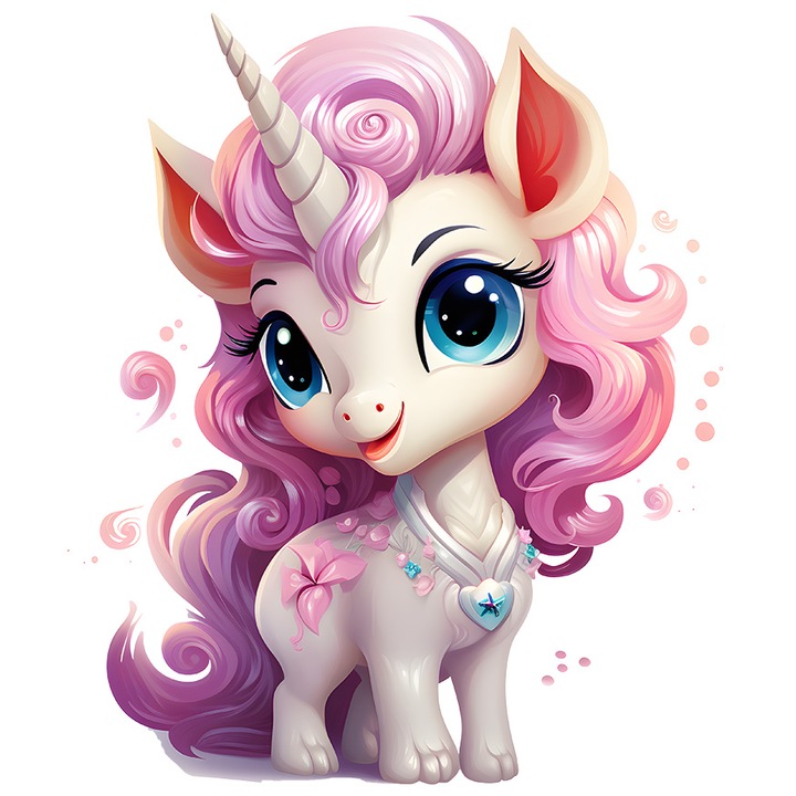 Sticker cu un unicorn fericit, ilustratie, coama lunga, roz, piatra la gat, pentru copii, jucaus, curios, cu Margini Albe, PVC Vinyl 15 cm