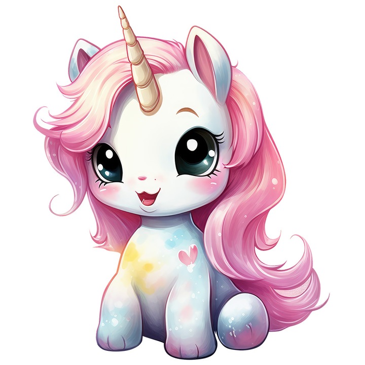 Sticker cu un unicorn vesel, ilustratie, coama lunga, roz, fericire, micut, pentru copii, cu Margini Albe, PVC Vinyl 10 cm