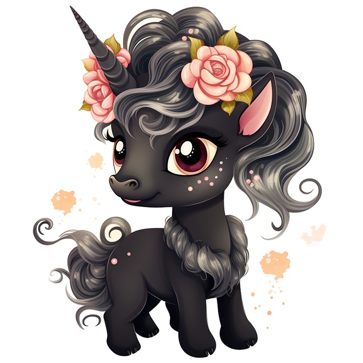 Sticker cu un unicorn negru, ilustratie, vesel, pete de culoare, flori, fericire, faptura fantastica, cu Margini Albe, PVC Vinyl 15 cm