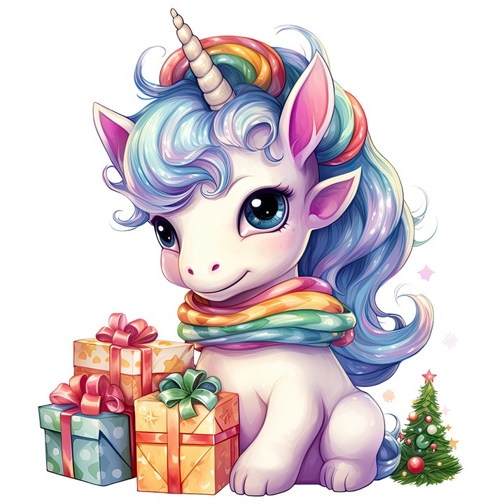 Стикер с щастлив еднорог, ри, коледна елха, радост, веселие, празници с любими хора, с бели кантове, PVC винил 28 см