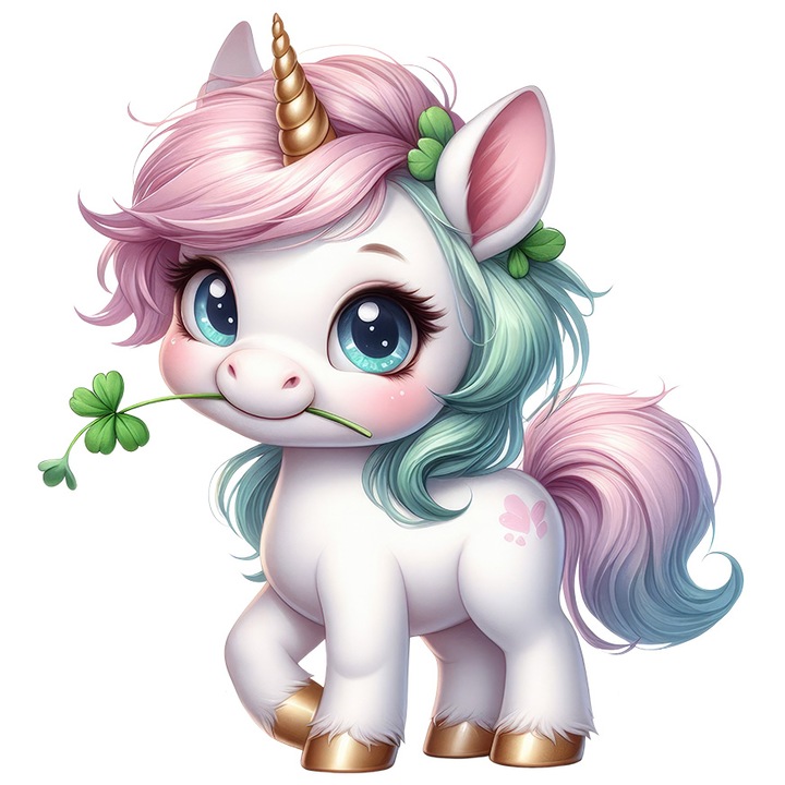 Sticker cu un unicorn vesel, ilustratie, imbujorata, noroc, trifoi cu patru foi, Irlanda, creatura fabuloasa, cu Margini Albe, PVC Vinyl 10 cm