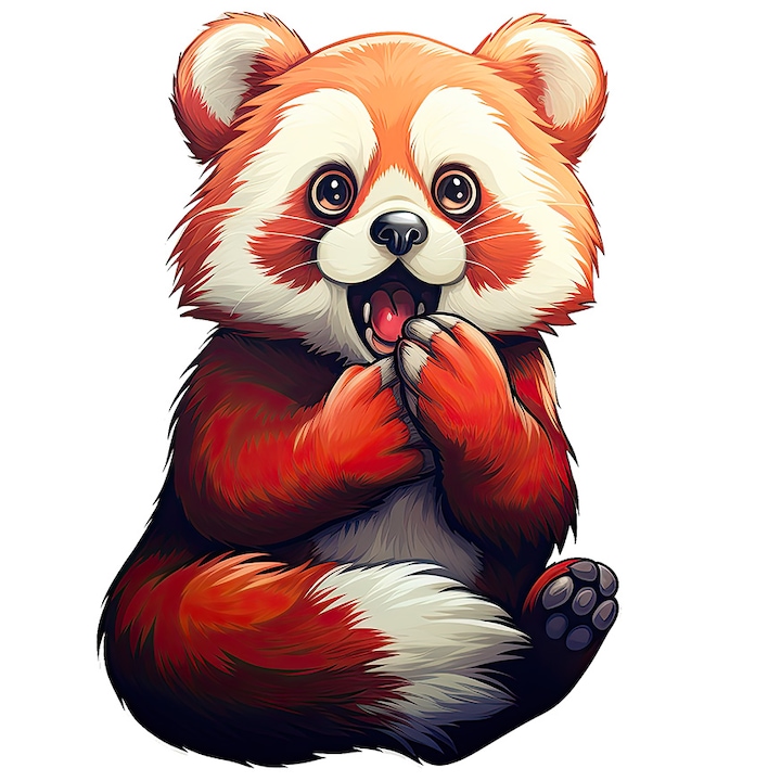 Matrica döbbent Red Panda macival, illusztráció, valami valószerűtlen dolgot látott, nem hiszi el, csodálkozva, félve, fehér szélekkel, PVC Vinyl 90 cm