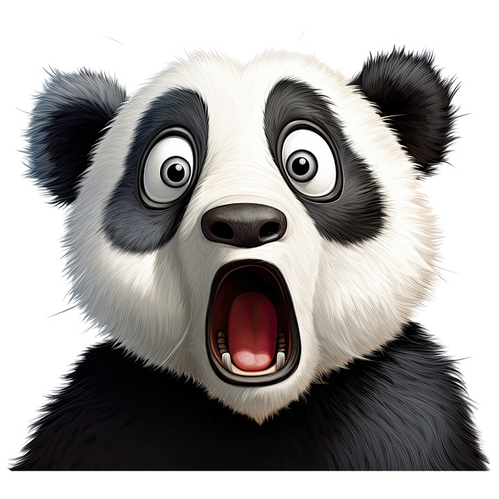 Sticker cu un urs Panda socat, ilustratie, a ramas cu gura cascata, uimit, nu a mai vazut asa ceva, putin speriat, cu Margini Albe, PVC Vinyl 15 cm