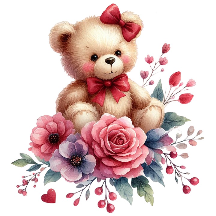Sticker cu un ursulet cu fundite, ilustratie, trandafir, flori, inimioara, iubire, apreciere cu Margini Albe, PVC Vinyl 28 cm