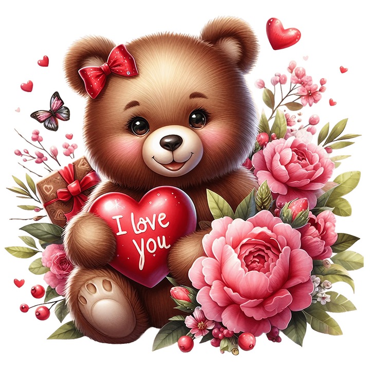 Sticker cu un ursulet de plus care tine o inima cu mesajul "I love you", ilustratie, flori, cadou, fluture, plante, afectiune, animalut vesel, cu Margini Albe, PVC Vinyl 28 cm