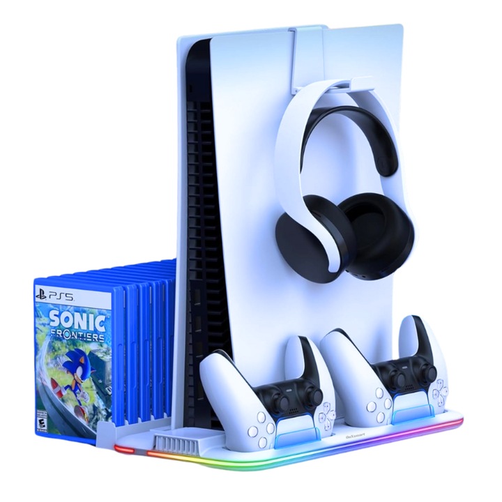 Ps5 OnXsmart вертикална охлаждаща стойка за зареждане, 5 в 1 многофункционална, двойно зареждане на контролера, двойно охлаждане, 15 слота за поддръжка на игри, поддръжка за слушалки, PS5 SLIM, Съвместимост с DIGITAL и DISC, USB връзка, Бял