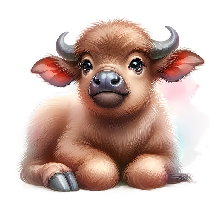 Sticker cu un vitel care sta culcat, ilustratie, pete de culoare, cuminte, priveste surprins, cu Margini Albe, PVC Vinyl 28 cm