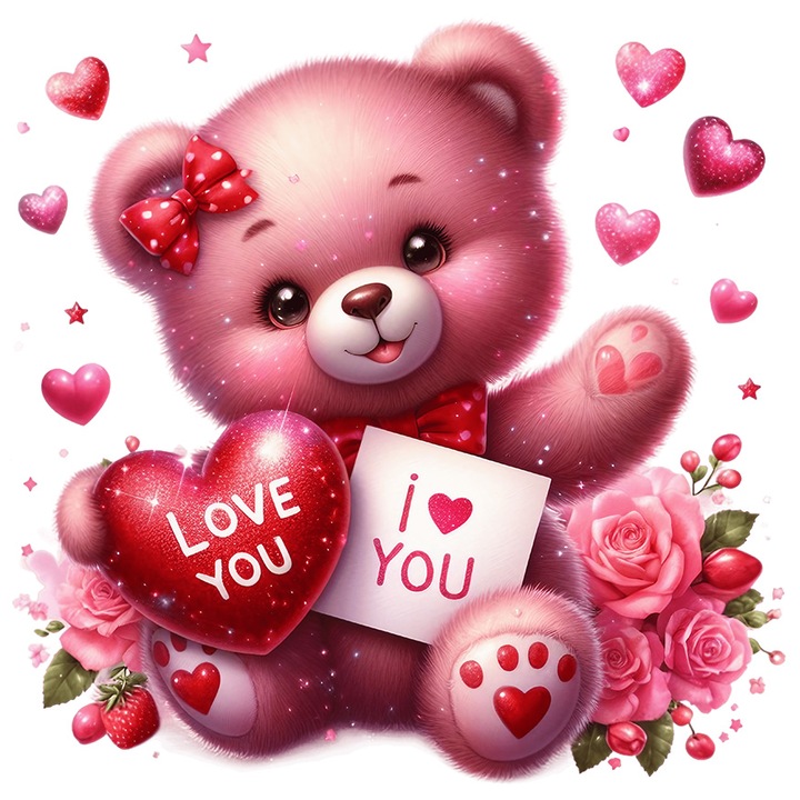 Sticker cu un ursulet roz care tine o inima si un biletel, mesajul "I love you", ilustratie, roz, inimioare, trandafiri, cadou pentru iubita, animalut, cu Margini Albe, PVC Vinyl 70 cm