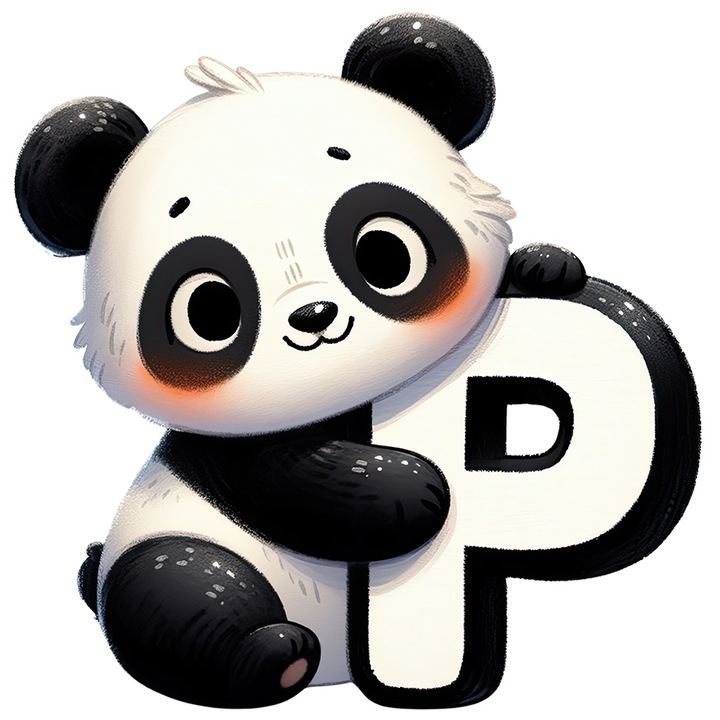 Sticker cu ursulet panda cu litera "P", ilustratie, pentru copii, scoala, elev, abecedar, veselie, invata, scrie cu Margini Albe, PVC Vinyl 90 cm