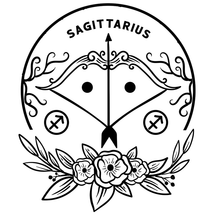 Sticker cu zodia Sagetator, ilustratie, zodie, astrologie, simbol, semn, arc cu sageti, flori cu Margini Albe, PVC Vinyl 10 cm