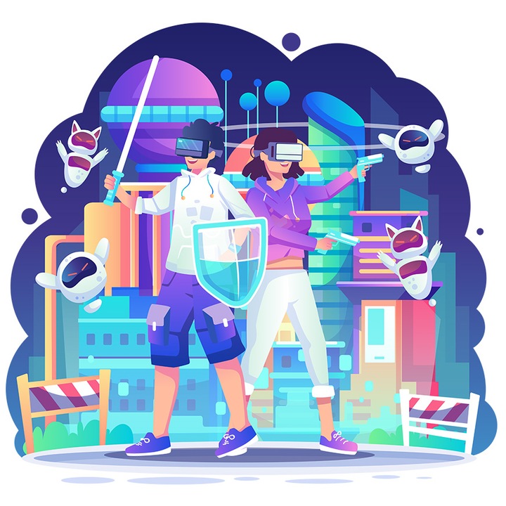 Sticker Cu VR, Tehnologie, Roboti, Oras, Arme, Jocuri Video, Cyberpunk, cu Margini Albe, PVC Vinyl 10 cm