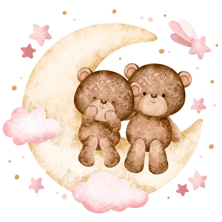 Sticker Cu Ursuleti, Luna, Nori, Stele, Cometa, Buline, cu Margini Albe, PVC Vinyl 10 cm