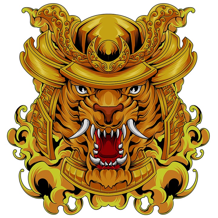 Sticker Cu Tigru, Casca, Samurai, Armura, Asiatic, cu Margini Albe, PVC Vinyl 28 cm