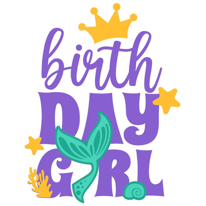Sticker CuText in Engleza Birthday Girl, Zi de Nastere, Cadou, Coroana, cu Margini Albe, PVC Vinyl 28 cm