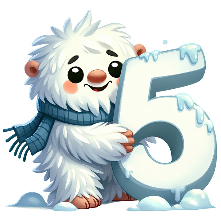 Sticker cu Yeti care tine cifra "5", ilustratie, omul zapezilor, fular, frig, matematica, scoala, elevi, invata, cu Margini Albe, PVC Vinyl 90 cm