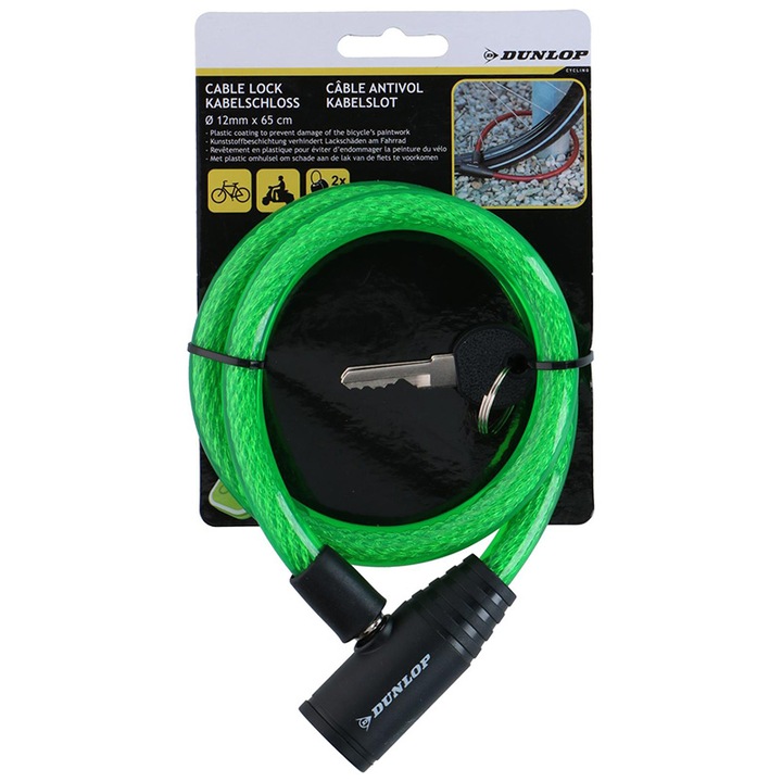 Dunlop kerékpár lopásgátló, spirál, 65cm, zöld, 12mm