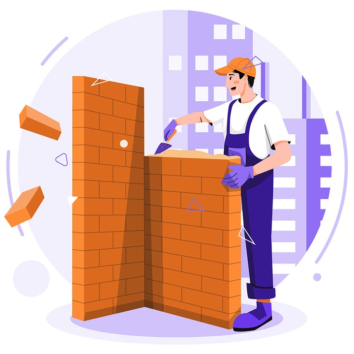 Matrica építkezéssel, fal, tégla, munkás, fehér szegéllyel, PVC vinil 10 cm